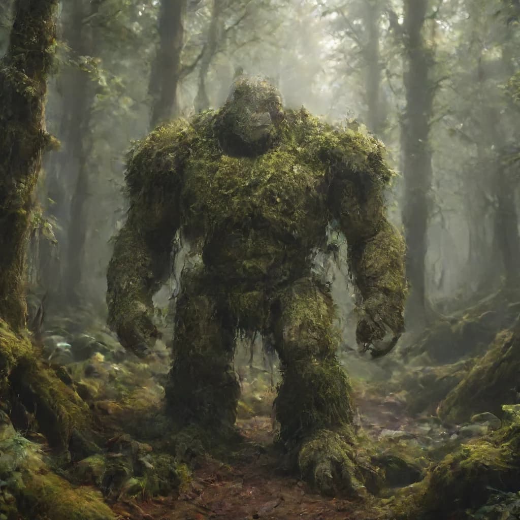 a stone golem covered in moss in a forest, fantasy