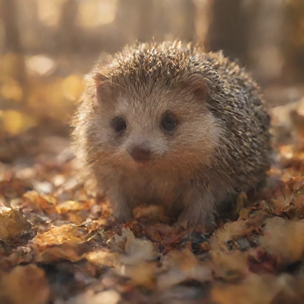 a hedgehog among autumn leaves, shallow depth of field
