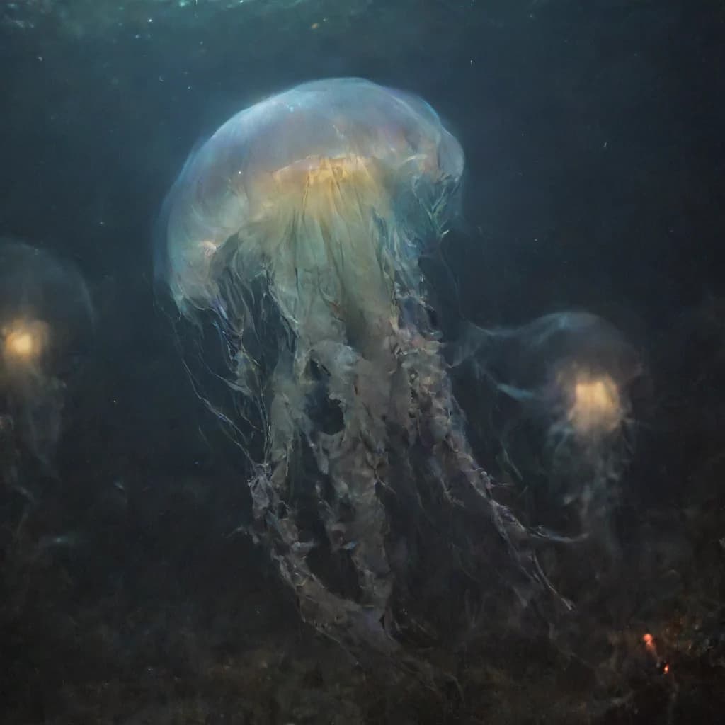 glowing jellyfish in the deep ocean, bioluminescence