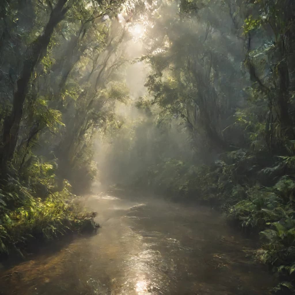 a misty river through a dense jungle, morning light