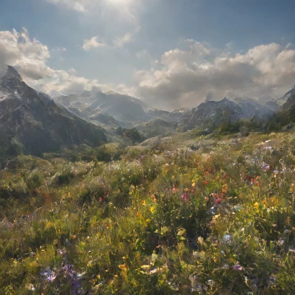 a mountain meadow full of wildflowers under blue sky
