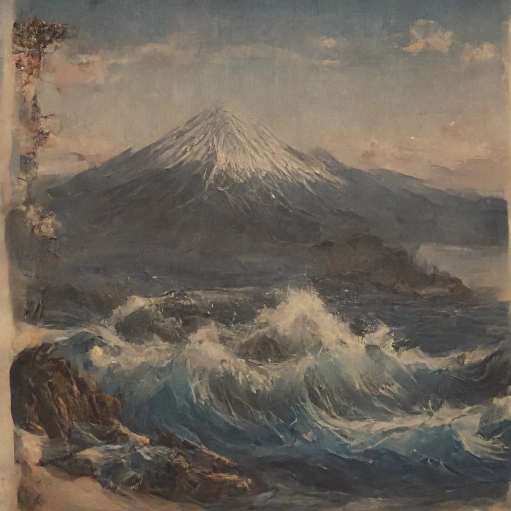a great ocean wave with mount fuji in the background, ukiyo-e woodblock print